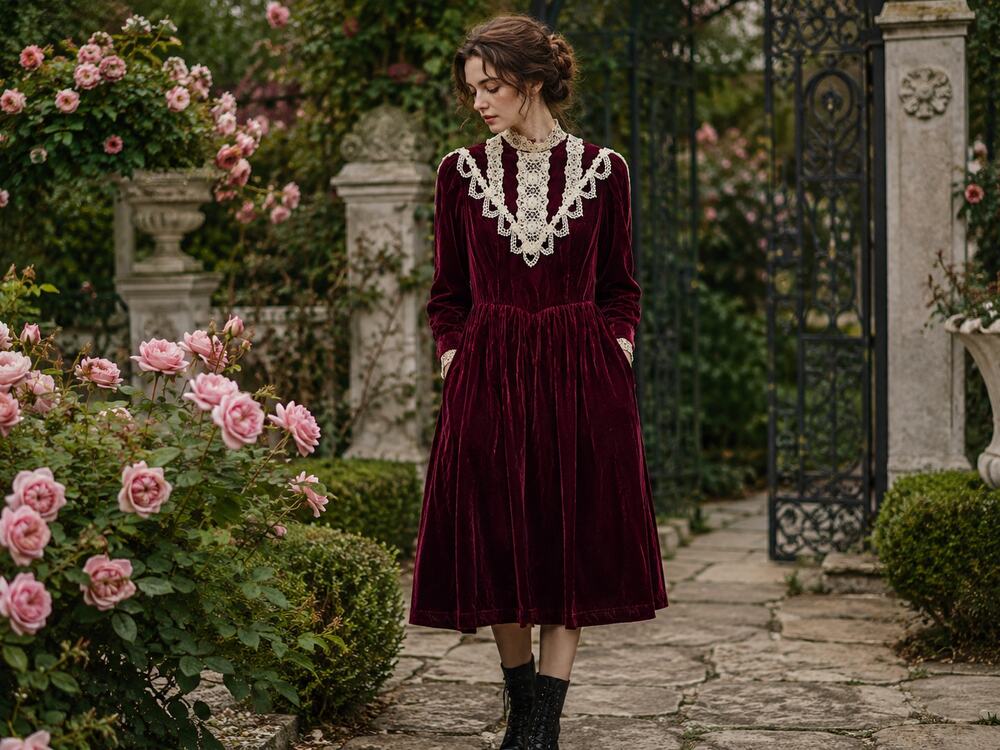 Jessica McClintock Vtg 11/12 Burgundy Velvet Lace Maxi Dress Victorian Gothic